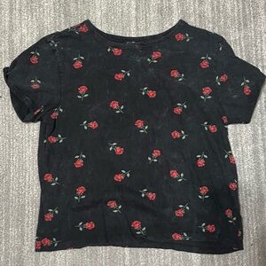 Vibe Black Tee with Red Floral Pattern